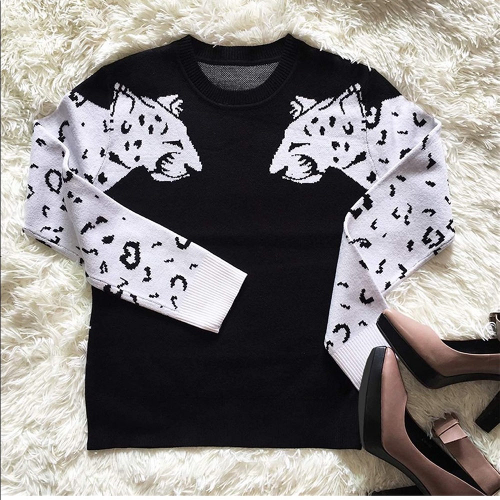 Women's Fall Sweaters Leopard Print Long Sleeves Knit Sweater Pullover Tops